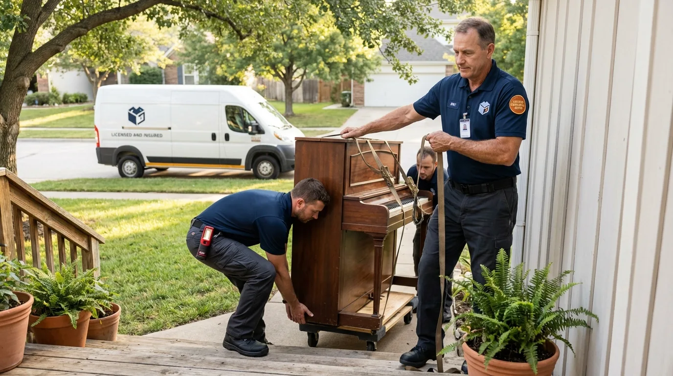 Licensed piano movers securing grand piano in Belle, MO
