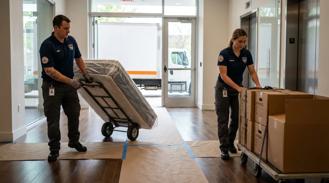 Professional apartment movers loading elevator in Belle, MO